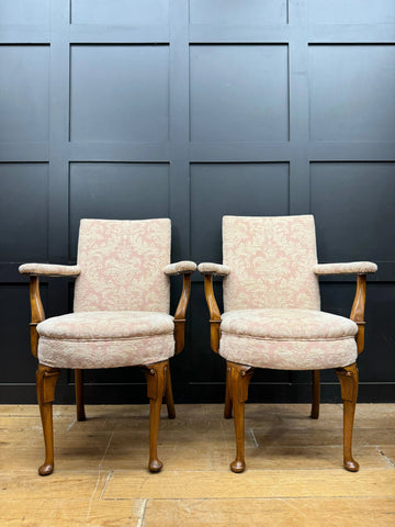 Pair Antique Pink Upholstered Bedroom Armchairs Chairs Mahogany Salon Seats