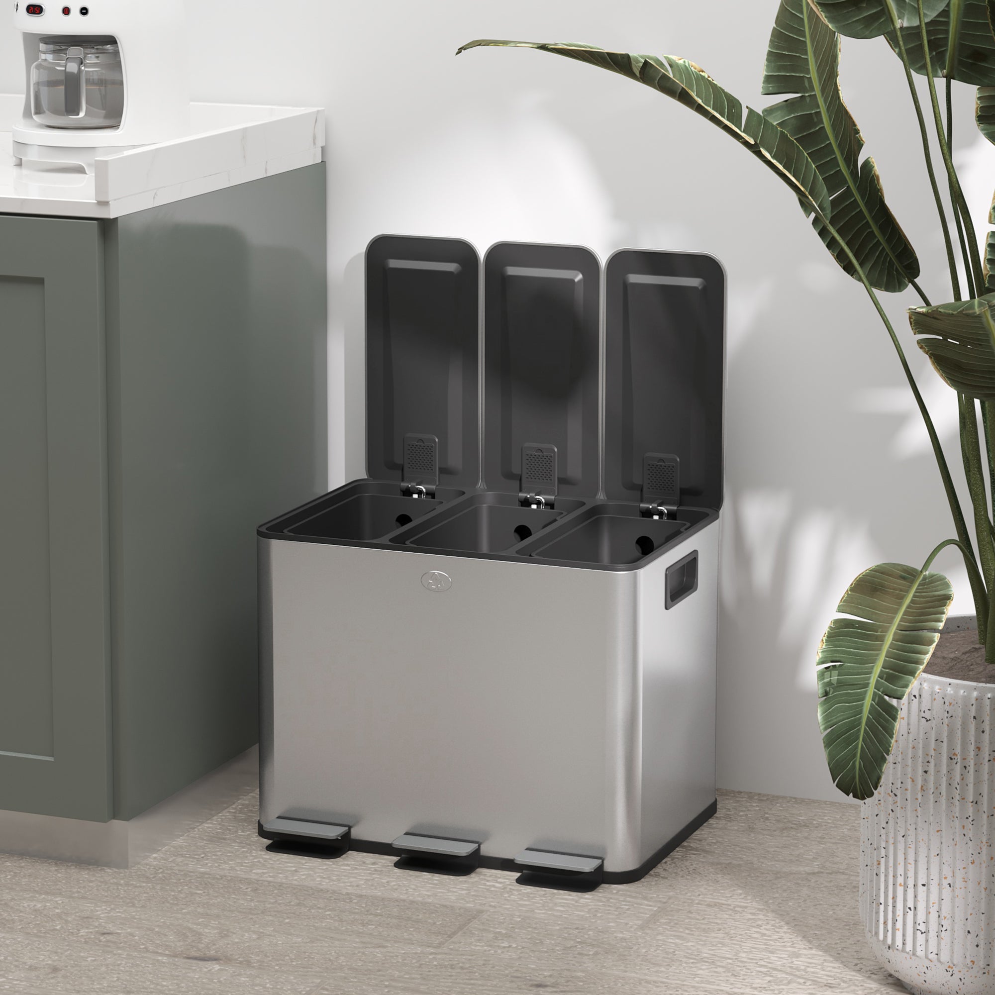 HOMCOM 3 x 20L Pedal Bin, Steel Triple Kitchen Bin with Soft Close Lid, Removable Inner Buckets, Fingerprint-Proof, Silver Tone