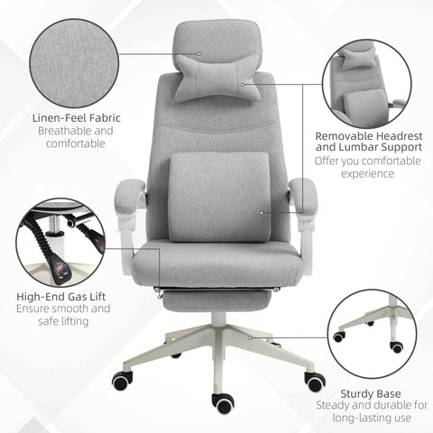 Vinsetto Office Chair, Ergonomic Desk Chair, High Back Fabric Work Chair with 160\'c2\'b0 Reclining Backrest, Retractable Footrest, Neck and Lumbar Pillow for Home and Study, Grey