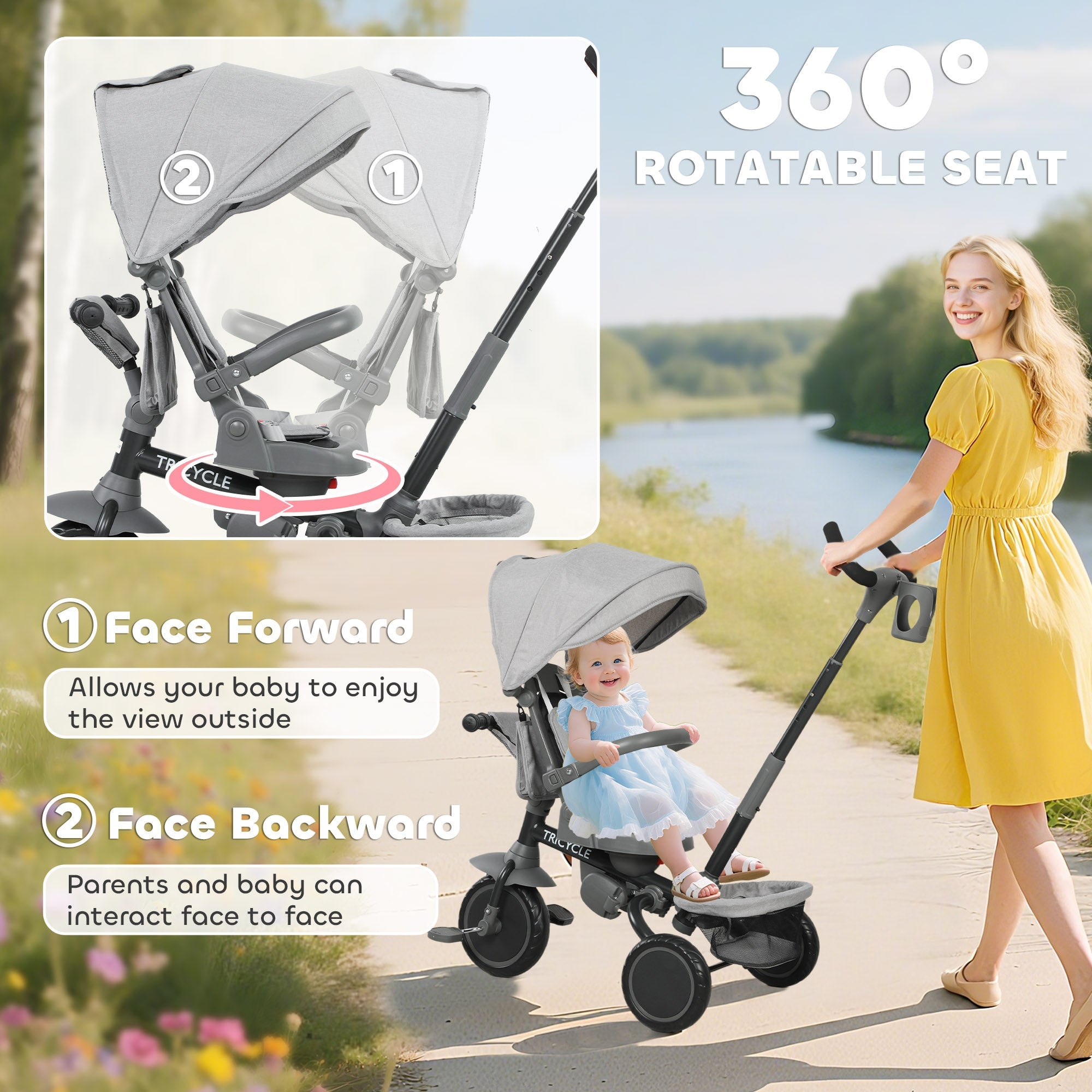 AIYAPLAY 6 in 1 Foldable Kids Trike with Adjustable Parent Handle & Canopy for Ages 1-5, Grey