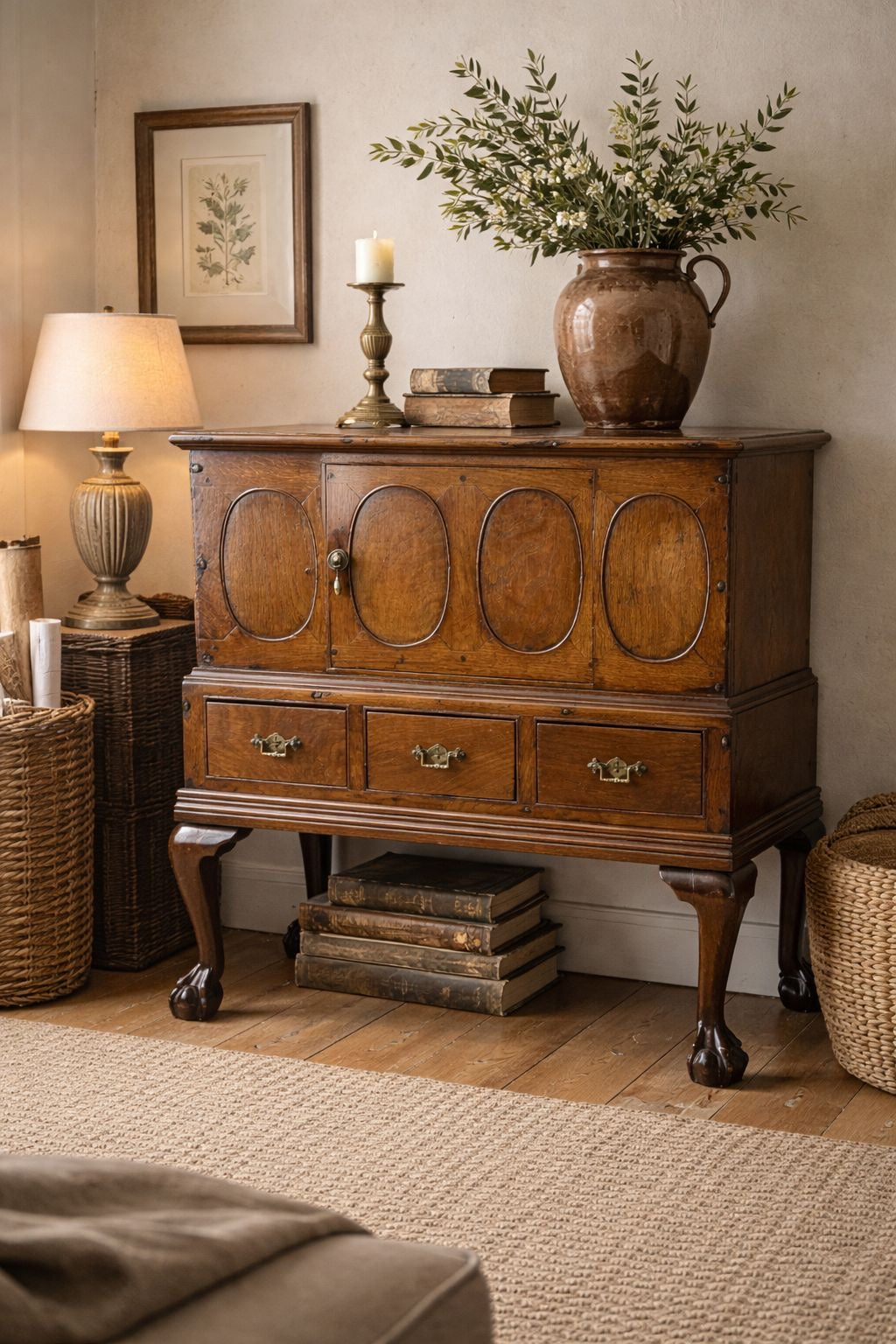Antique Oak Sideboard / 18th Century Oak Cupboard on Stand / TV Stand