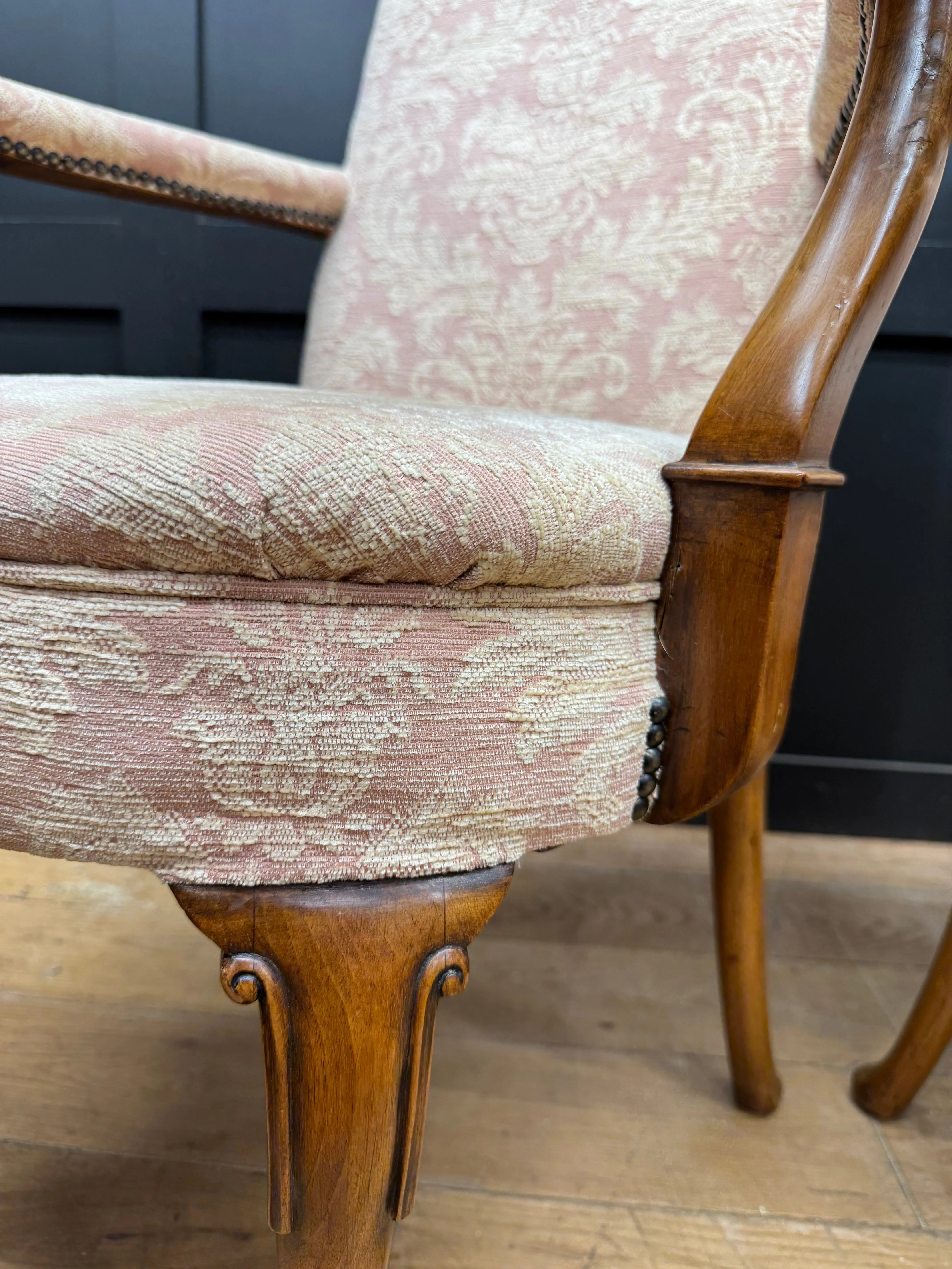 Pair Antique Pink Upholstered Bedroom Armchairs Chairs Mahogany Salon Seats