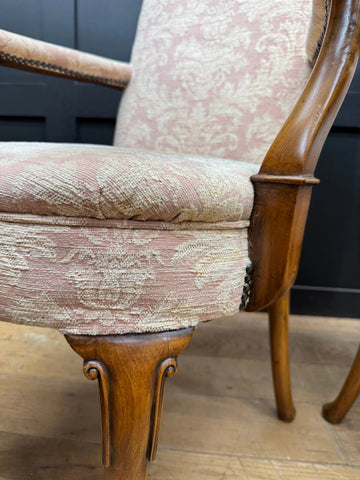 Pair Antique Pink Upholstered Bedroom Armchairs Chairs Mahogany Salon Seats