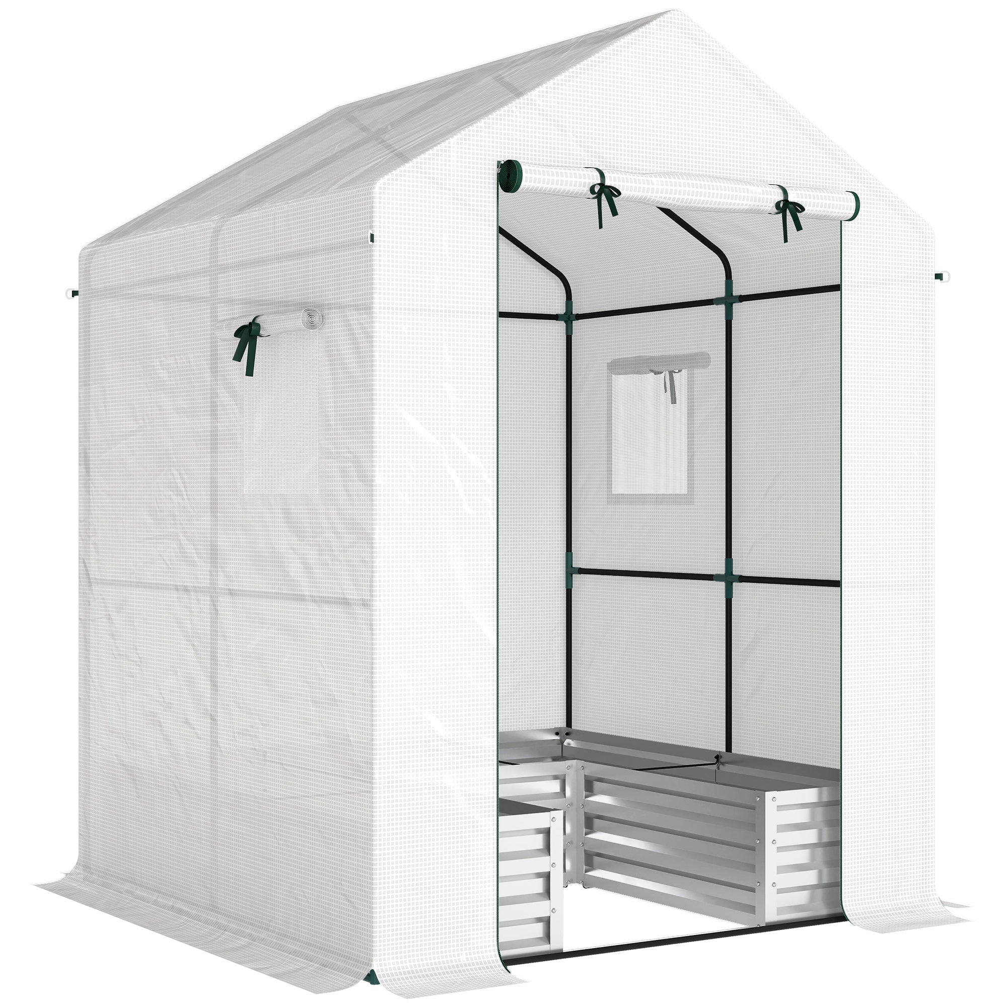 Outsunny Small Greenhouse with Raised Garden Bed, Galvanised Walk-in Greenhouse with Roll Up Windows, 141 x 141 x 190 cm, White