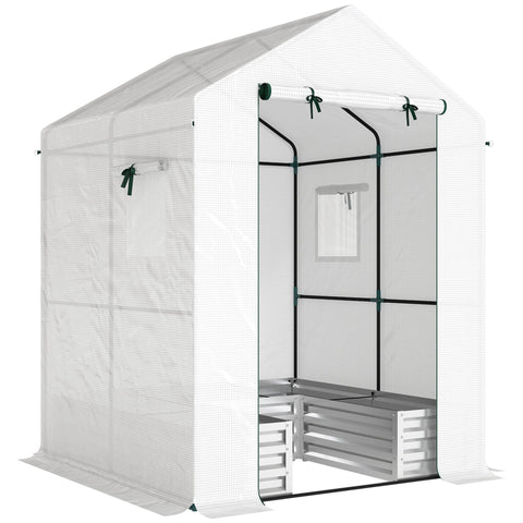 Outsunny Small Greenhouse with Raised Garden Bed, Galvanised Walk-in Greenhouse with Roll Up Windows, 141 x 141 x 190 cm, White
