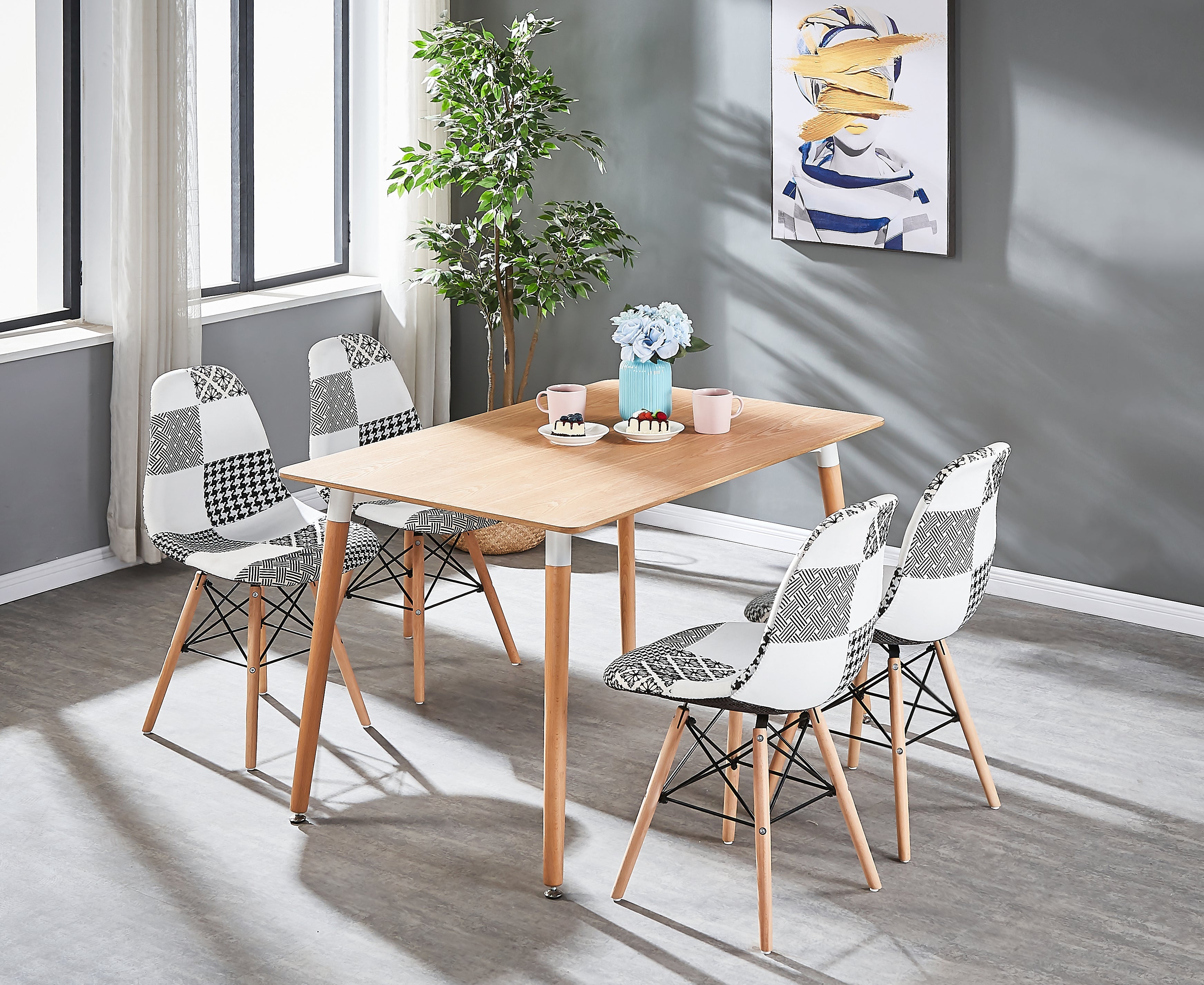 Black/White Patchwork Modern Dining Chair with Wooden Legs & Black Metal Wire Frame