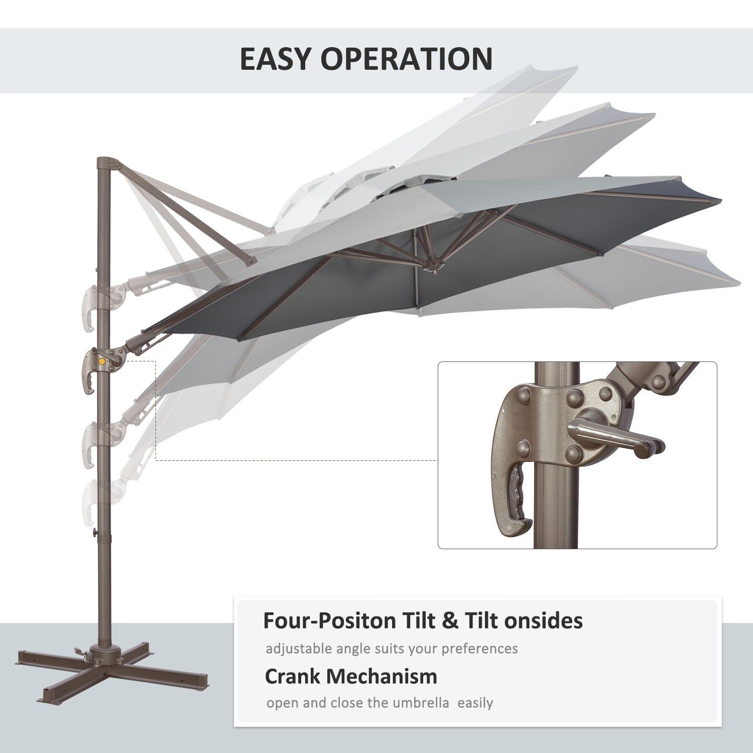 Outsunny 3(m) Cantilever Parasol 360\'c2\'b0 Rotation Roma Umbrella Hanging Sun Shade with Aluminium Frame, Tilt Crank, 8 Ribs and Cross Base, Dark Grey