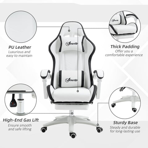 Vinsetto Computer Gaming Chair, PU Leather Desk Chair with Footrest, Swivel Task Chair with 135\'c2\'b0 Reclining Back and Lumbar Support, PC Chair for Adults, White and Black