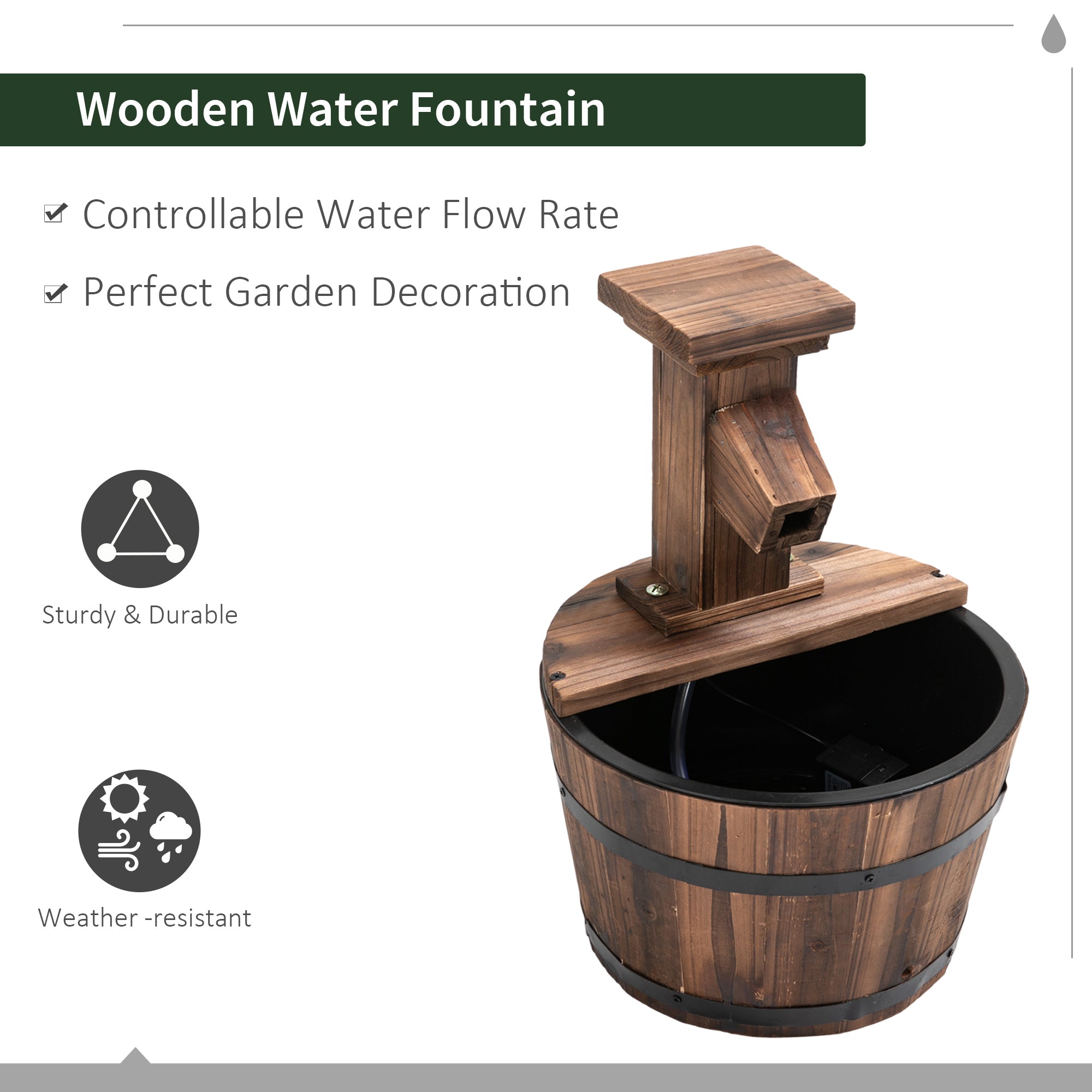 Outsunny Wood Barrel Patio Water Fountain Garden Decorative Ornament Water Feature with Electric Pump