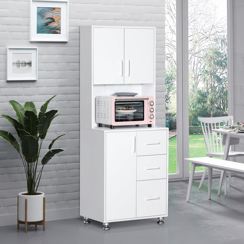 HOMCOM Modern Kitchen Cupboard with Storage Cabinets, 3 Drawers and Open Countertop for Living Room, White