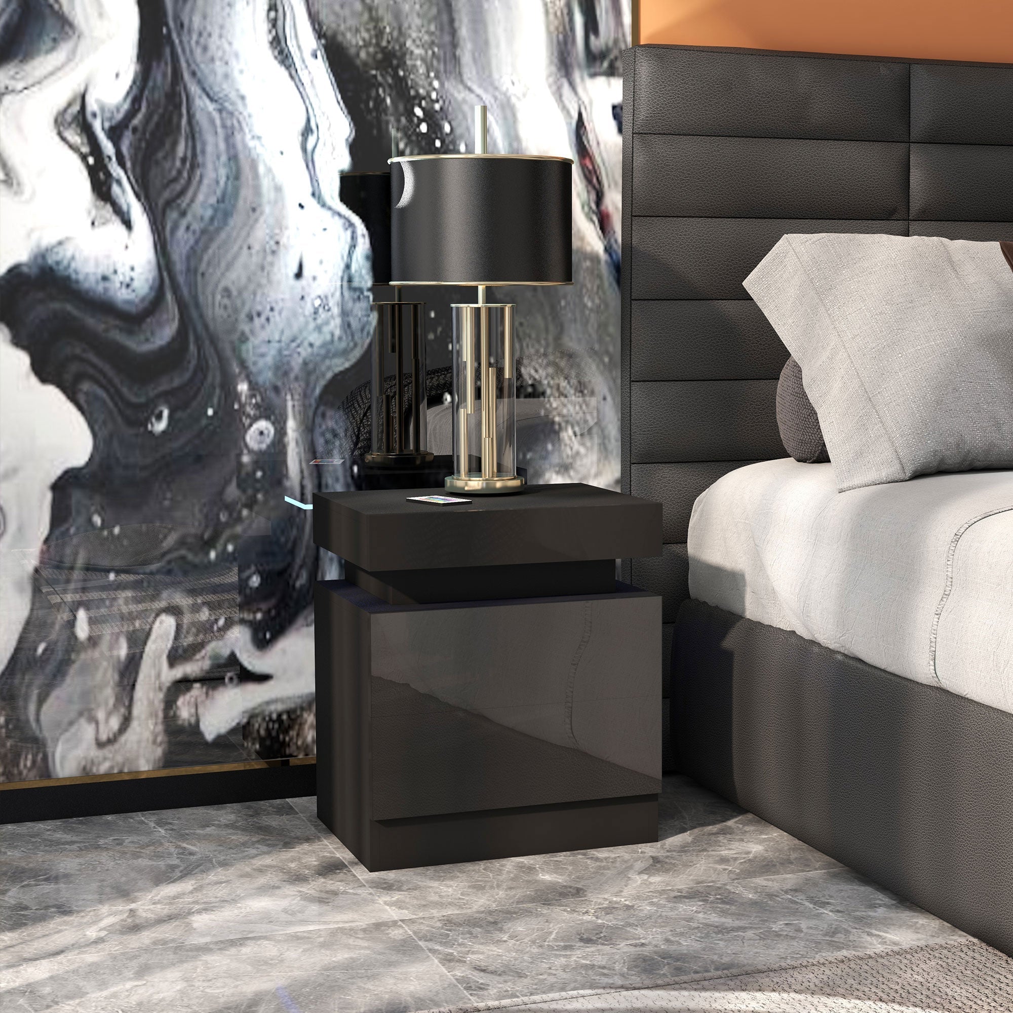HOMCOM Black Bedside Table with LED Light, High Gloss Front Nightstand with 2 Drawers, for Living Room, Bedroom