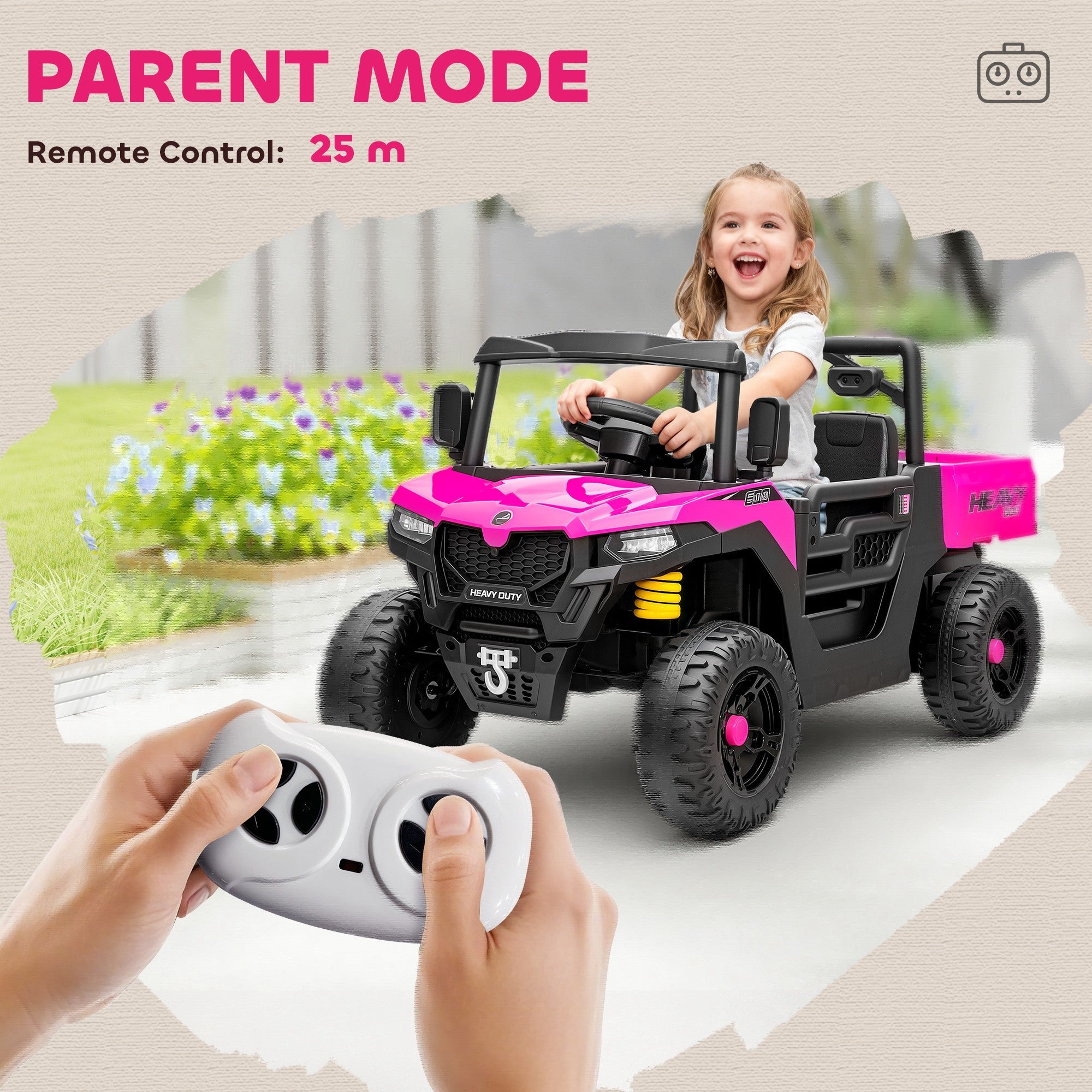 AIYAPLAY Kids Ride on Car, 12V Electric Kids UTV with Electric Dump Bed, 4-Wheel Suspension for 3-8 Years, Pink