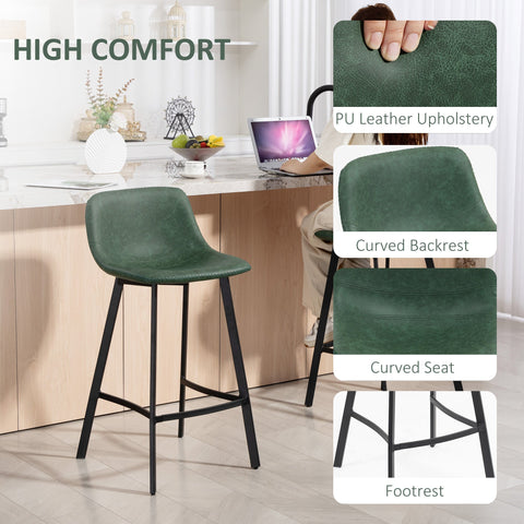 HOMCOM Bar Stools Set of 2, PU Leather Dining Stools with Backrest, Footrest, for Kitchen, Counter, Breakfast Bar, Green