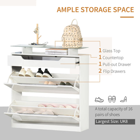 HOMCOM Shoe Storage Cabinet, Shoe Cupboard with Slide Out Drawer, 2 Flip Doors, Tempered Glass Top and Adjustable Shelves for 16 Pairs of Shoes, White