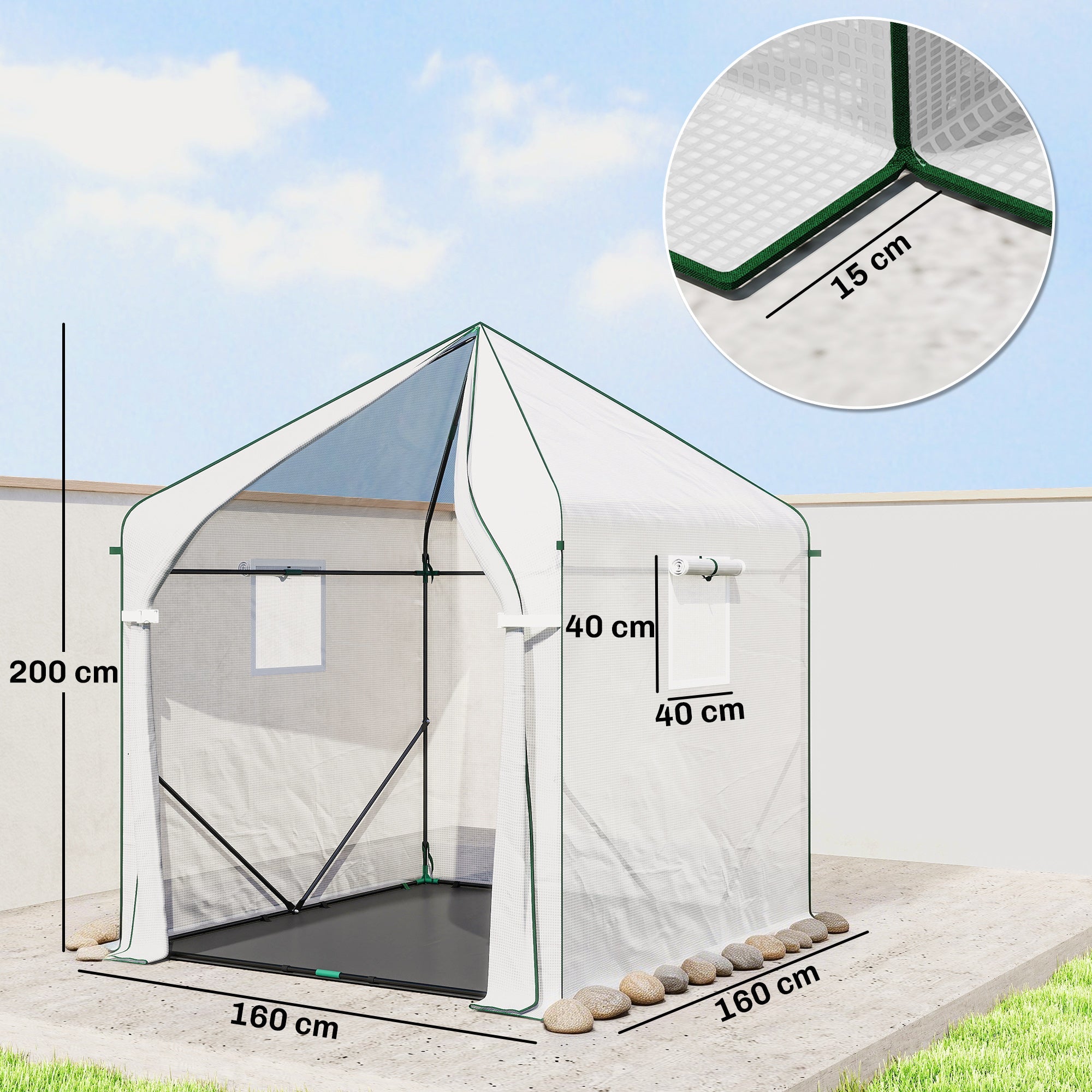 Outsunny Walk-in Greenhouse for Outdoors with Steel Frame, Large Plant House with Roll-up Door and PE Ground Cover, White
