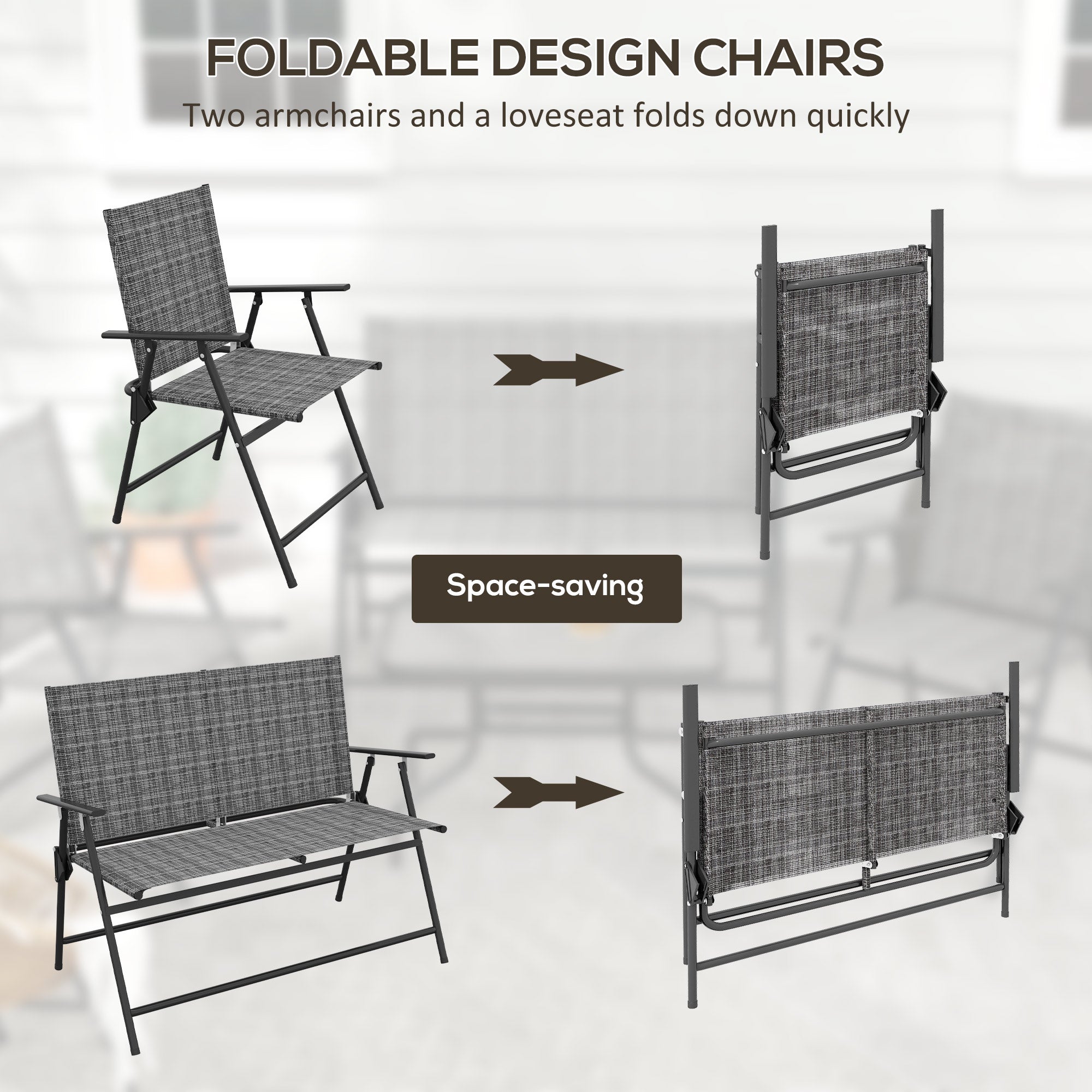 Outsunny Outdoor\'c2\'a04 Pieces Patio Furniture Set with Breathable Mesh Fabric\'c2\'a0Seat & Backrest,\'c2\'a0Garden Set with Two Foldable Armchairs, a Loveseat &\'c2\'a0Glass\'c2\'a0Top\'c2\'a0Table, Mixed Grey