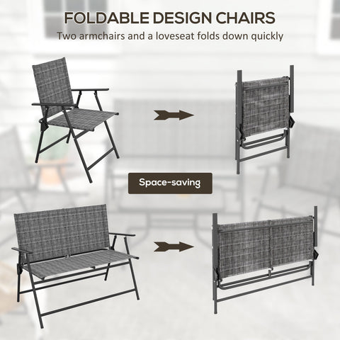 Outsunny Outdoor\'c2\'a04 Pieces Patio Furniture Set with Breathable Mesh Fabric\'c2\'a0Seat & Backrest,\'c2\'a0Garden Set with Two Foldable Armchairs, a Loveseat &\'c2\'a0Glass\'c2\'a0Top\'c2\'a0Table, Mixed Grey