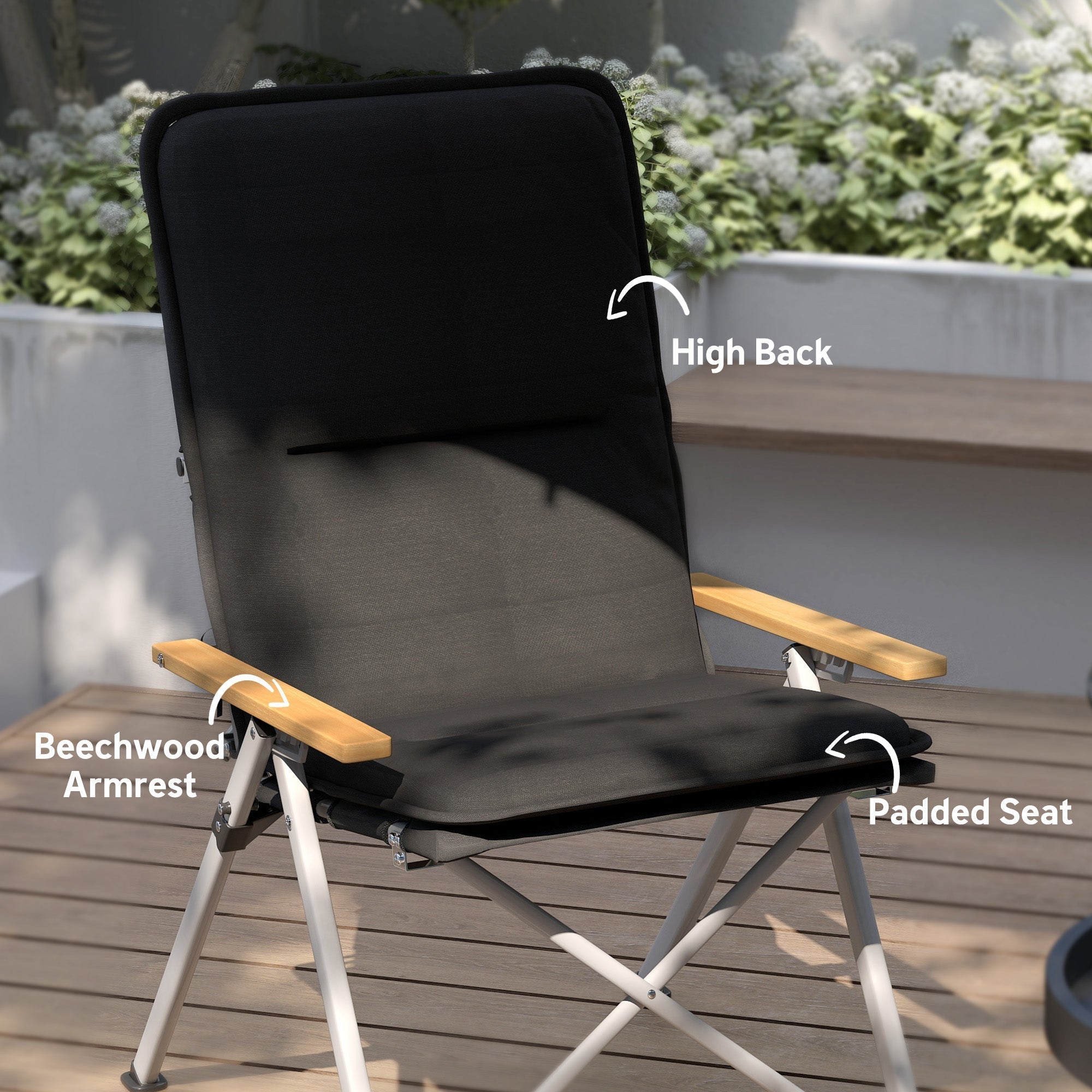 Outsunny Portable Camping Chair for Adults, High Back Folding Chair with Padded Seat and Carry Bag, Outdoor Recliner for Hiking, Fishing, Beach and Picnic, Black