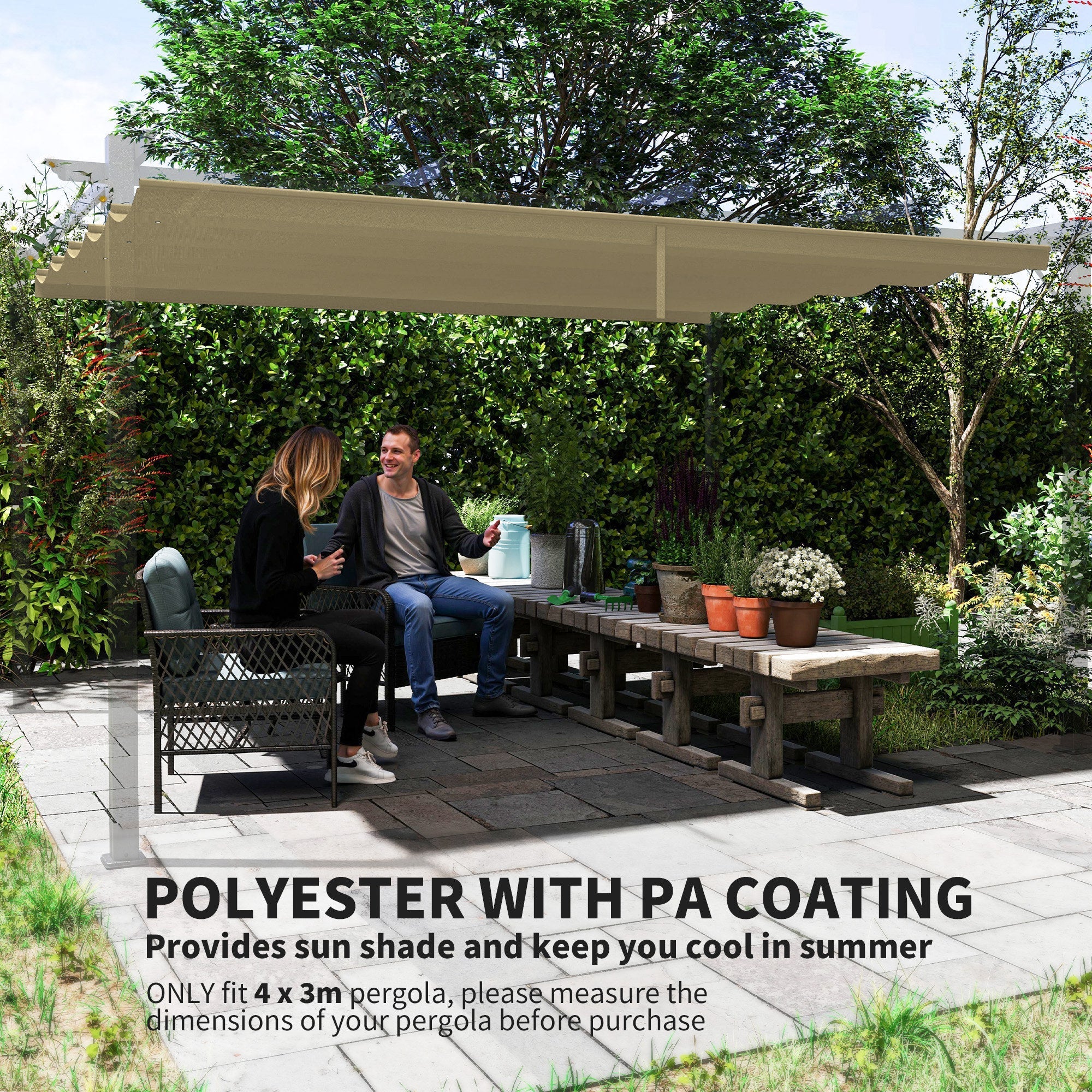 Outsunny Retractable Pergola Shade Cover, Replacement Canopy for 4 x 3 (m) Pergola, Retractable Roof, Tan