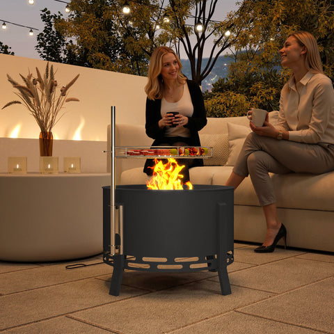 Outsunny Portable Fire Pit, 58 cm Round Firepit with Grill Grate, Fire Bowl with Ash Catcher and Poker, Fire Pit BBQ for Garden Camping Bonfire Picnic, Black