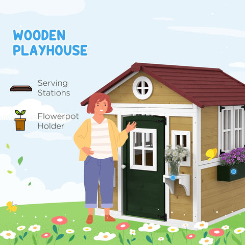 Outsunny Wooden Playhouse with Doors, Windows, Plant Pots, Boxes, for 3-8 Years - Beige