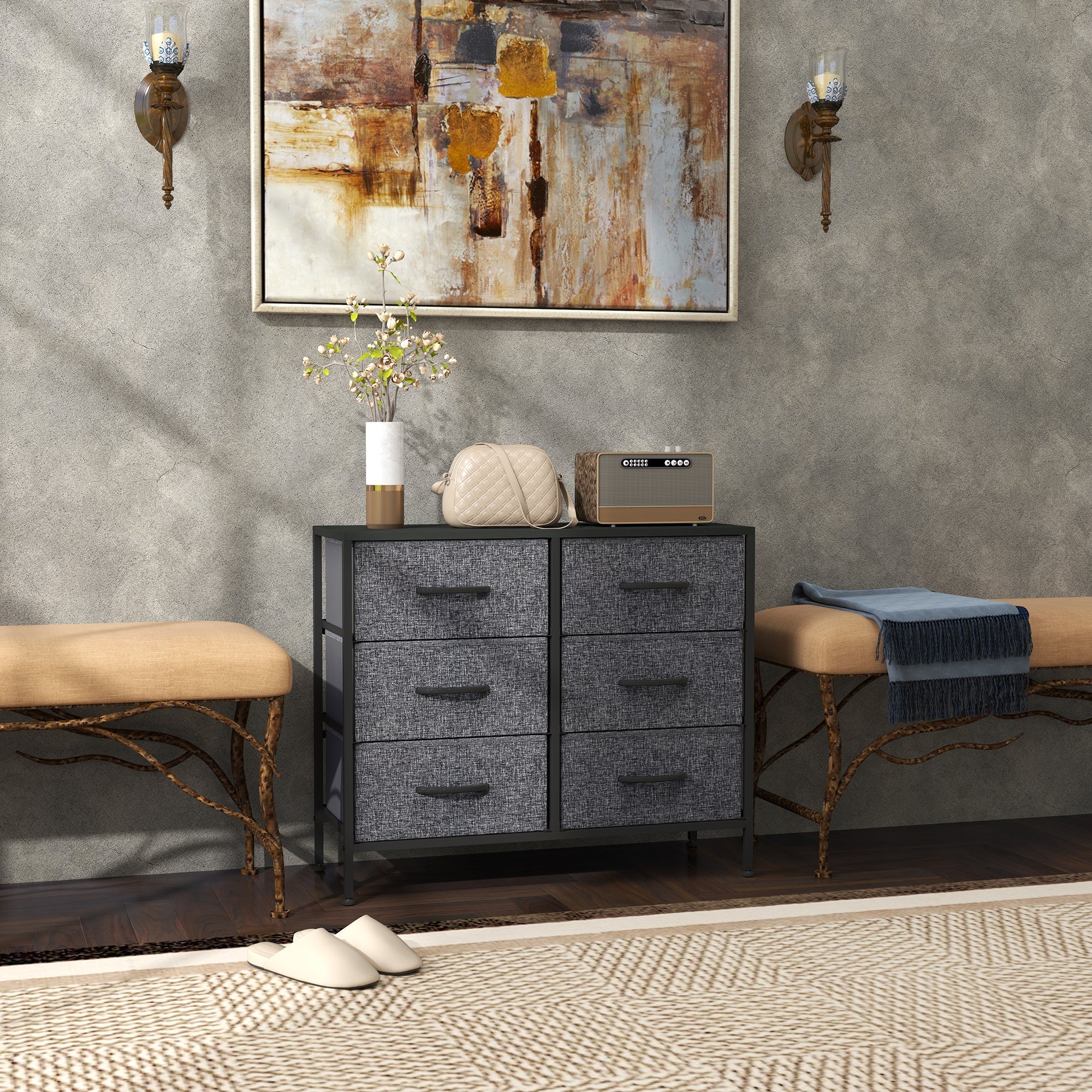 HOMCOM Fabric Chest of Drawers, Storage Drawers, Industrial Bedroom Dresser with 6 Fabric Drawers, Steel Frame and Wooden Top for Nursery, Living Room, Hallway, Black