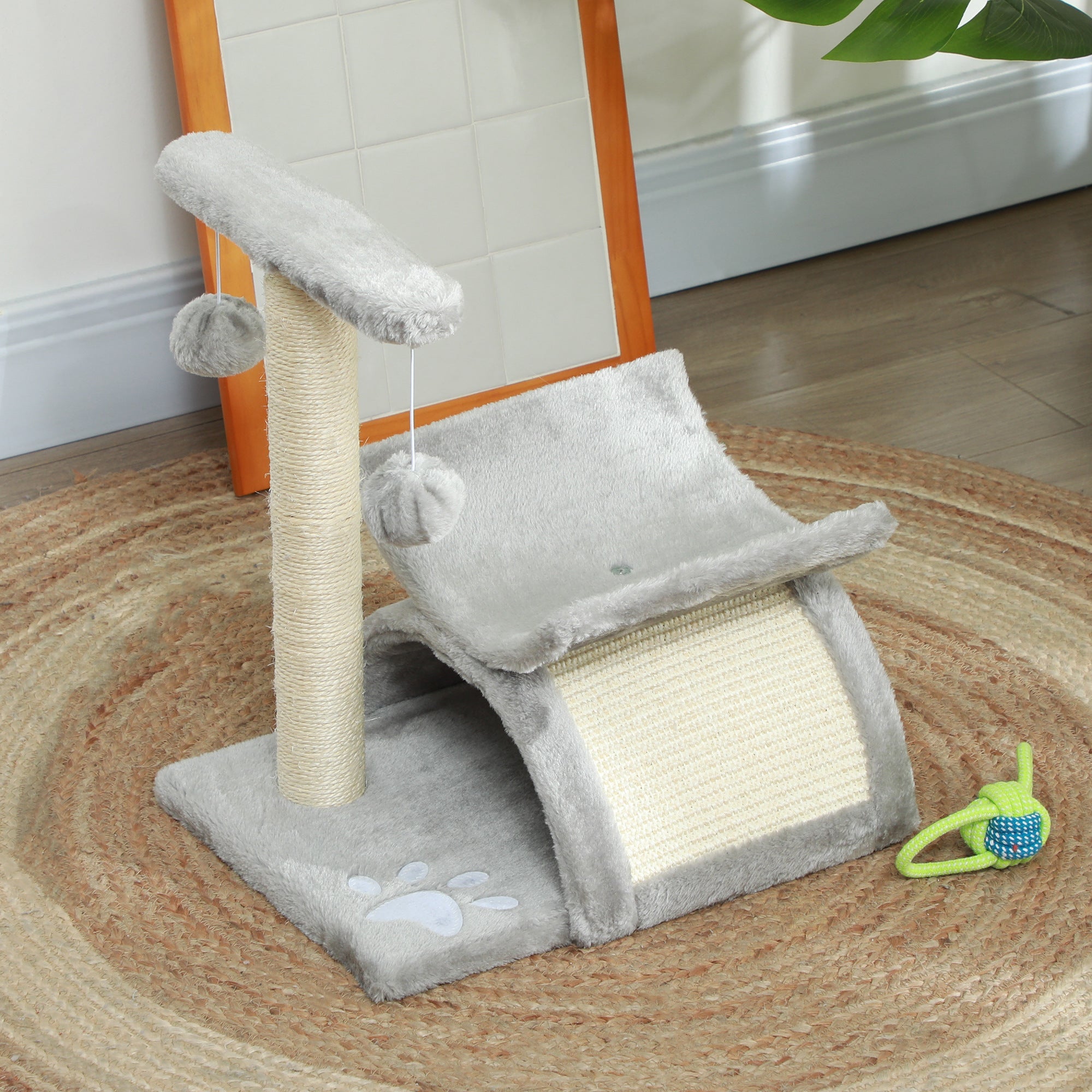 PawHut Cat Tree, Cat Tower for Kittens, Small Cat Condo with Rotatable Top Bar, Sisal Scratching Post, Tunnel, Dangling Balls - Grey