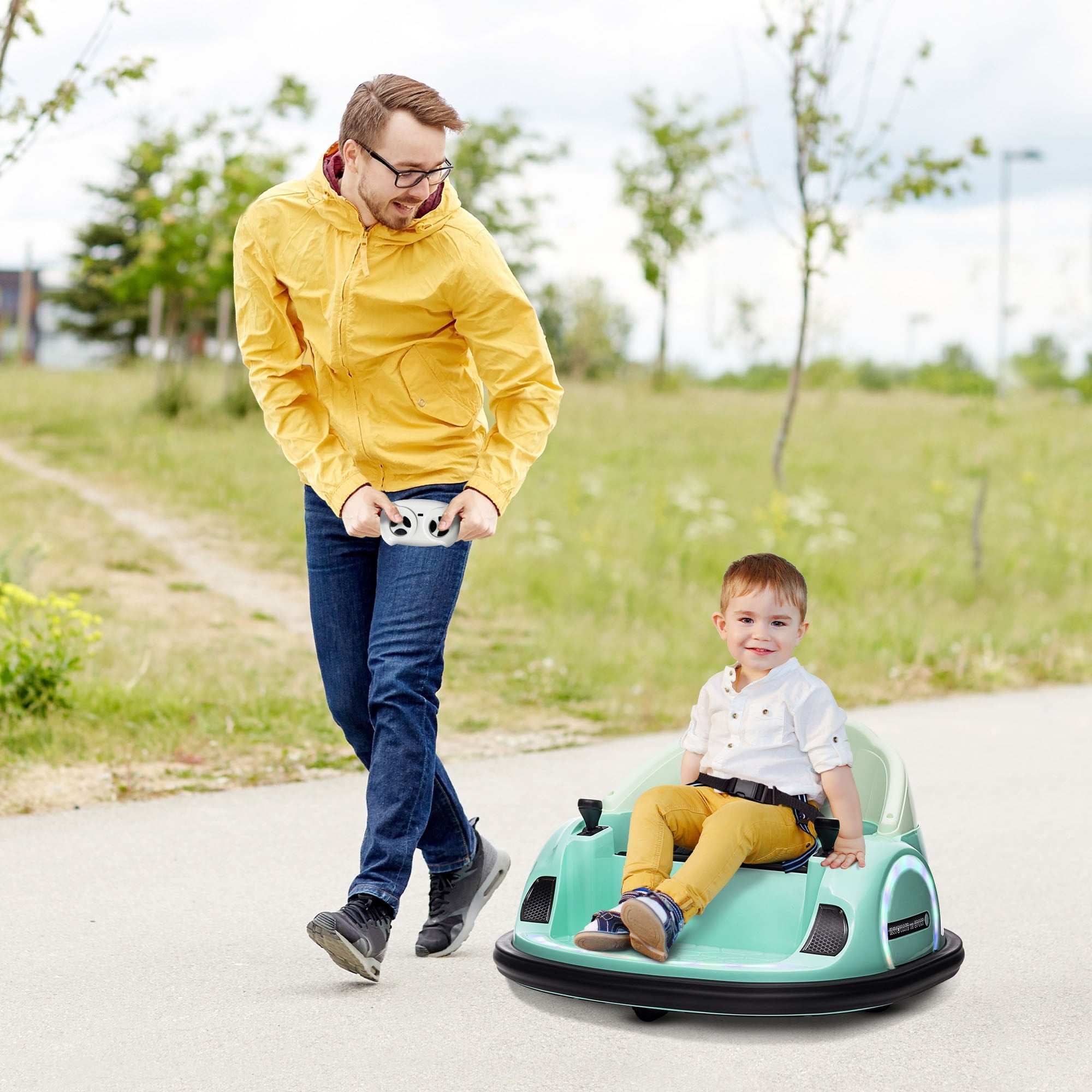 AIYAPLAY 360\'c2\'b0 Rotation Kids Bumper Car, 12V Waltz Car with Remote Control, Dual Joystick, Music, Lights, Green