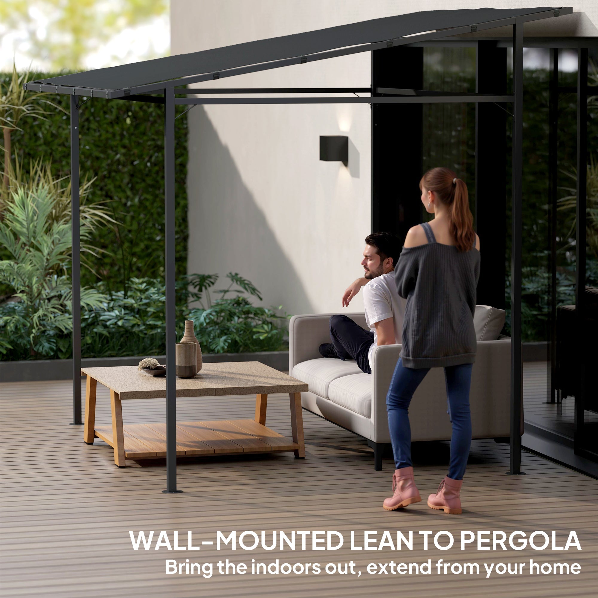 Outsunny 2.4 x 2.4 m Wall Mounted Pergola Gazebo with PA Coating Fabric and Metal Frame, UPF30+, Lean to Garden Gazebo, Wind Resistant Outdoor Sun Shade Shelter for Garden, Deck, Dark Grey