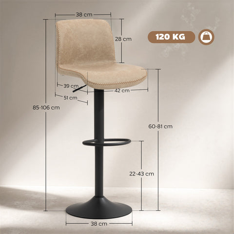 HOMCOM Bar Stools Set of 2, PU Leather Barstools with Backrest and Footrest for Kitchen, Counter, Breakfast Bar, Light Brown