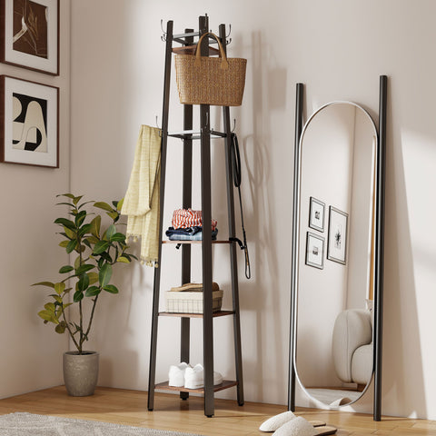 HOMCOM Industrial-Style Four Shelf Coat Stand - Brown/Black
