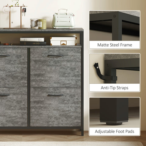 HOMCOM Shoe Storage Cabinet with 4 Flip Drawers and Open Shelf - Cement Grey