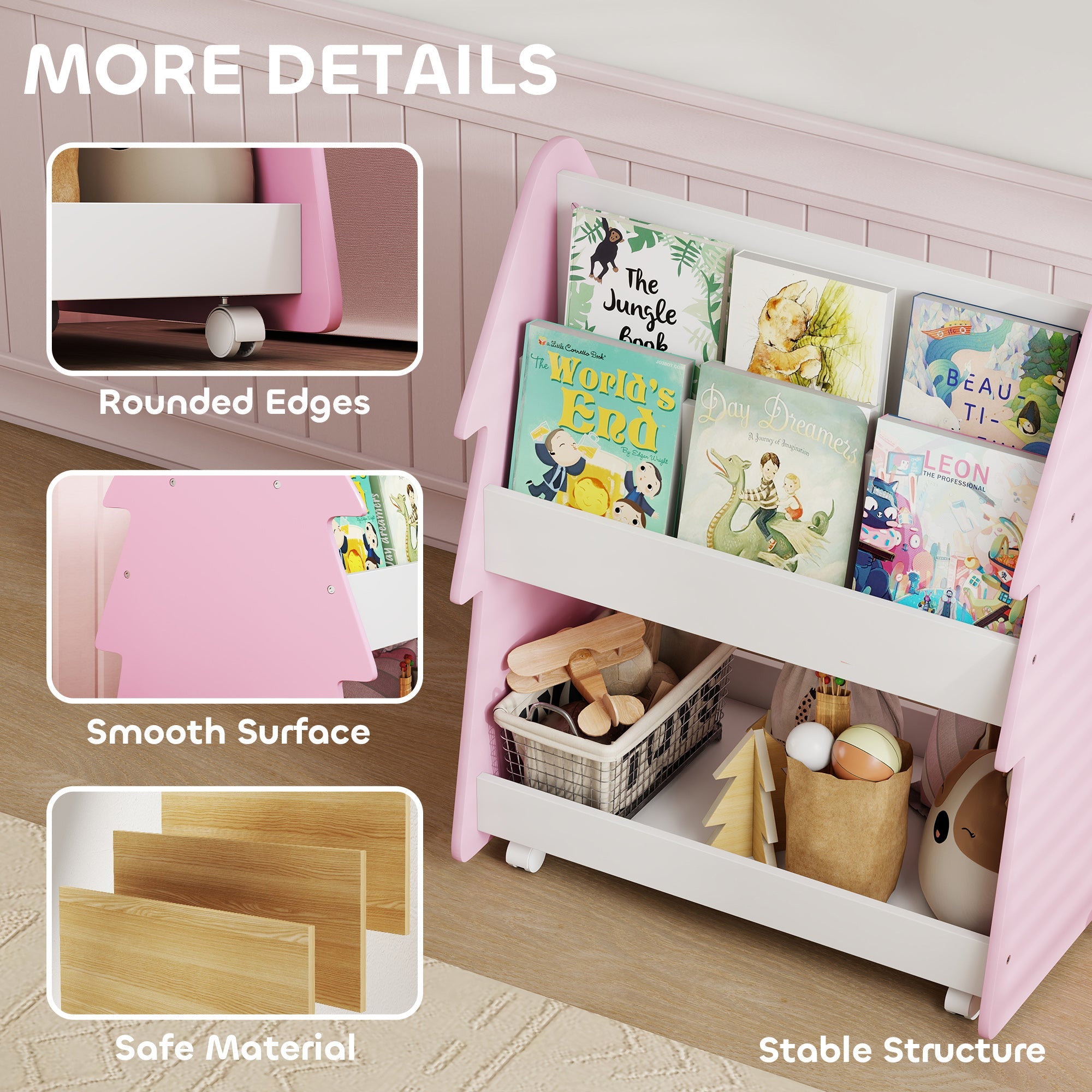 AIYAPLAY Kids Bookshelf with Toy Storage, Double-Sided Bookcase with Wheels, 3 Tier Kids Book Rack for Bedroom, Pink