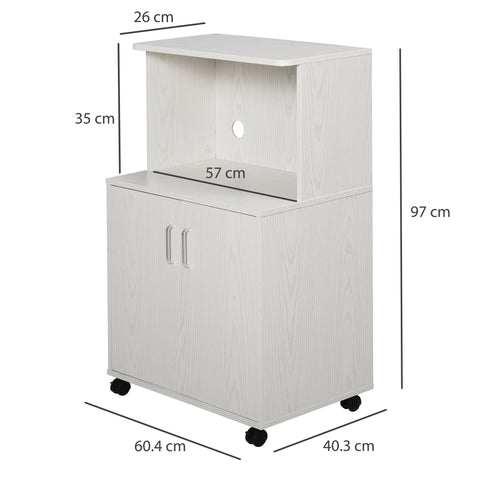 HOMCOM Kitchen Storage Unit, Modern Microwave Stand Trolley Cart, Sideboard with Cabinet,  Locking Wheels, Shelf for Living Room, Dining Room, White