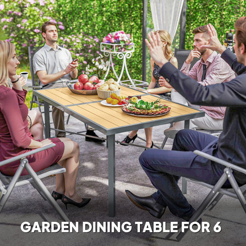 Outsunny Garden Table for 6, Outdoor Dining Table with 5cm Umbrella Hole, Wood Effect Top, Rust Resistant Frame, for Patio, Balcony, Terrace, 150 x 90 cm