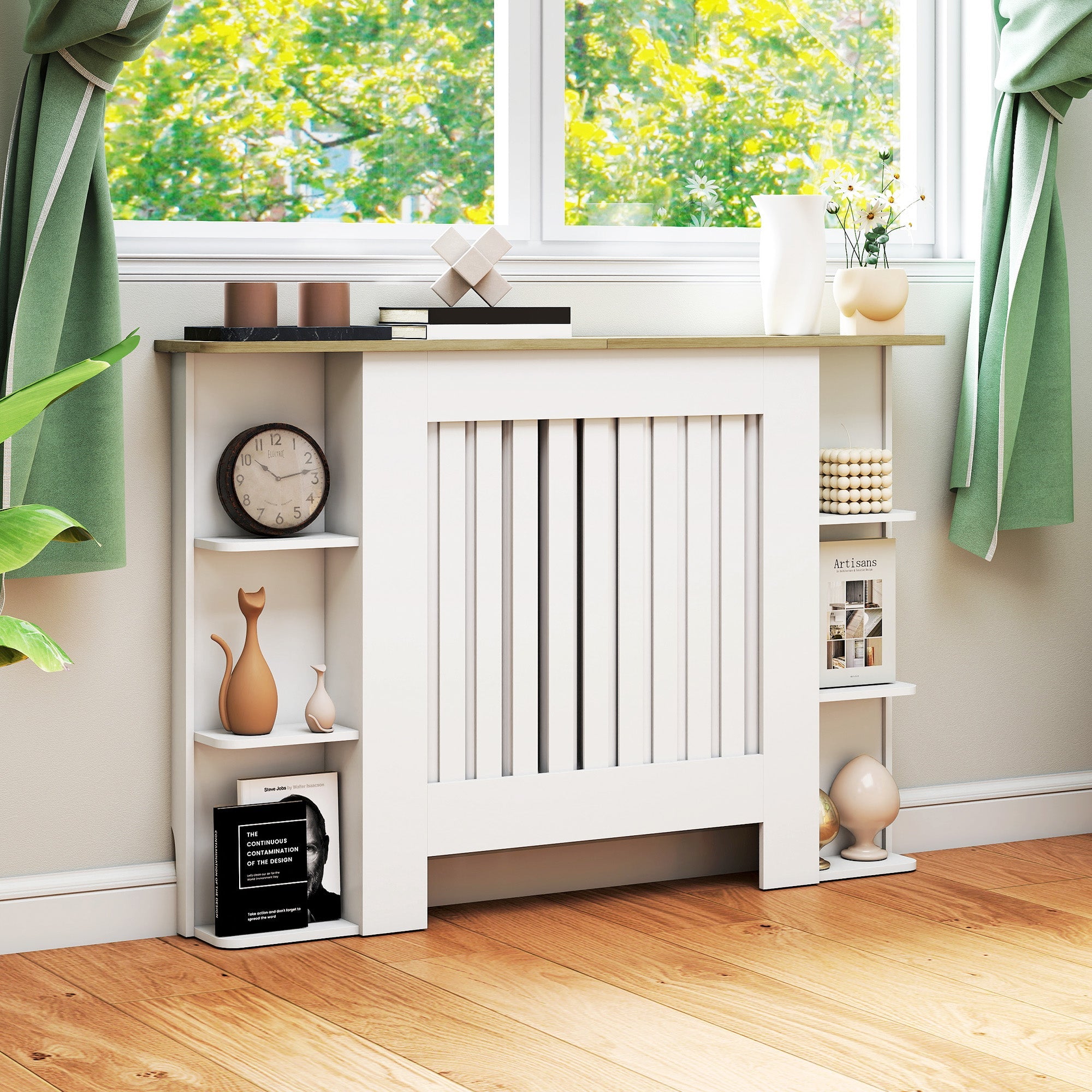 HOMCOM Radiator Cover with Open Storage Shelves, Vertical Slatted Cabinet Shelf Heater Cover for Living Room, Hallway, Medium, White