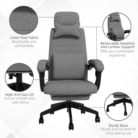 Vinsetto Linen-Look Office Chair, with 160\'c2\'b0 Reclining Back and Footrest - Grey