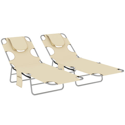 Outsunny 5-Position Adjustable Sun Loungers Set of 2 with Reading Hole and Side Pocket, Beige