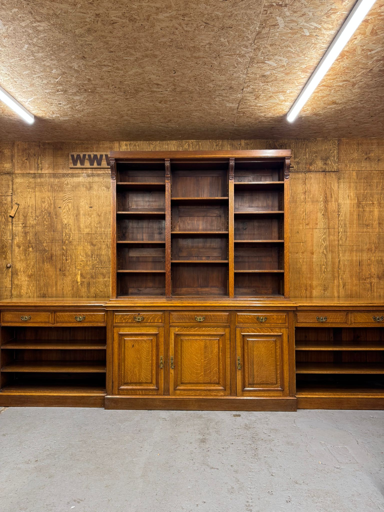 Victorian Solid Oak Breakfront Library Bookcase, TV Stand, Sideboard Display