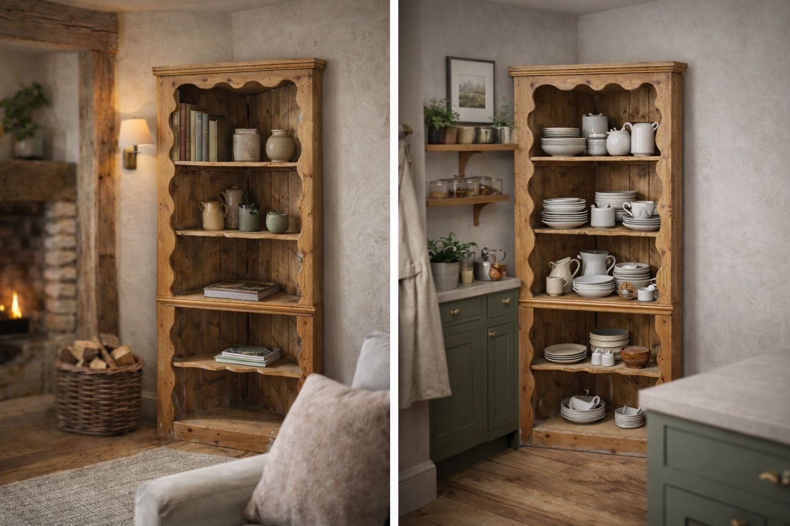 Antique Pine Rustic Corner Cupboard / Open Shelving Unit Storage
