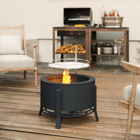 Outsunny Portable Fire Pit, 58 cm Round Firepit with Grill Grate, Fire Bowl with Ash Catcher and Poker, Fire Pit BBQ for Garden Camping Bonfire Picnic, Black