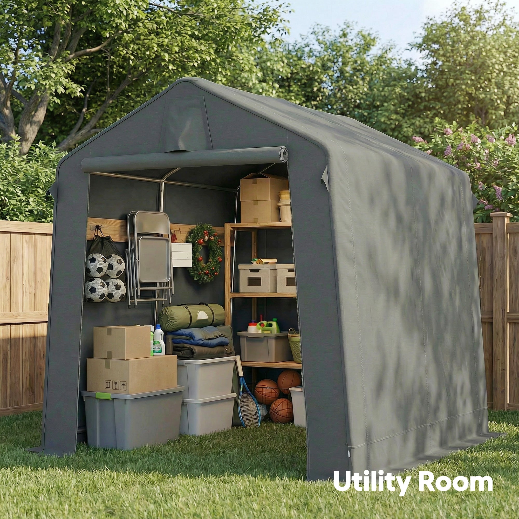 Outsunny 7.5 x 6.2 ft Outdoor Garden Storage Shed, Waterproof Bike Tent with Roll-Up Zipper Door and Vent, Dark Grey