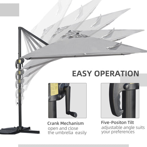 Outsunny 2.7 x 2.7 m Cantilever Parasol, Square Overhanging Umbrella with Cross Base, Crank Handle, Tilt, 360\'c2\'b0 Rotation and Aluminium Frame, Grey