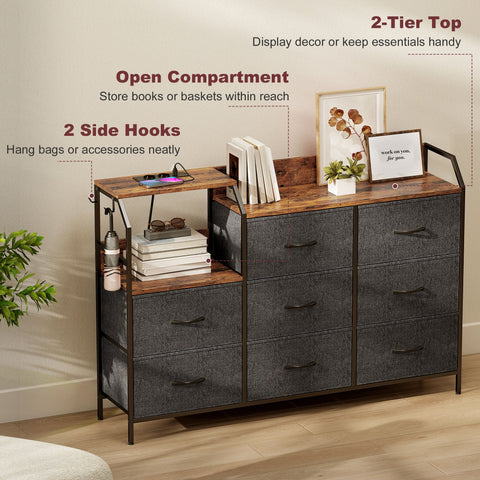 HOMCOM Chest of Eight Drawers, with Charging Station - Brown/Black