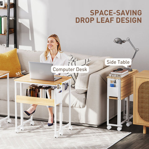 HOMCOM 63 cm Drop Leaf Writing Work Desk - Natural Wood Finish