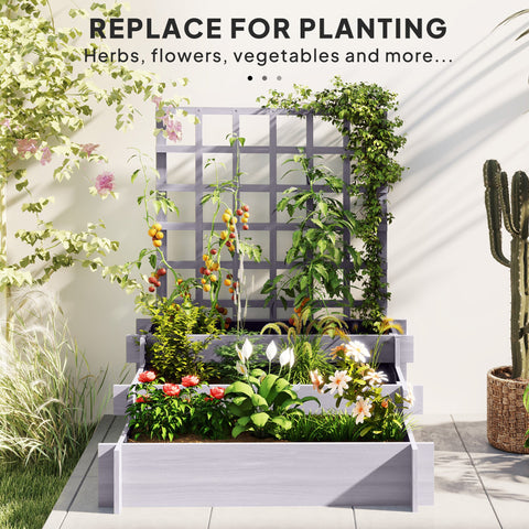 Outsunny 3 Tier Garden Planters with Trellis for Vine Climbing, Wooden Raised Beds, 95x95x110cm, Grey