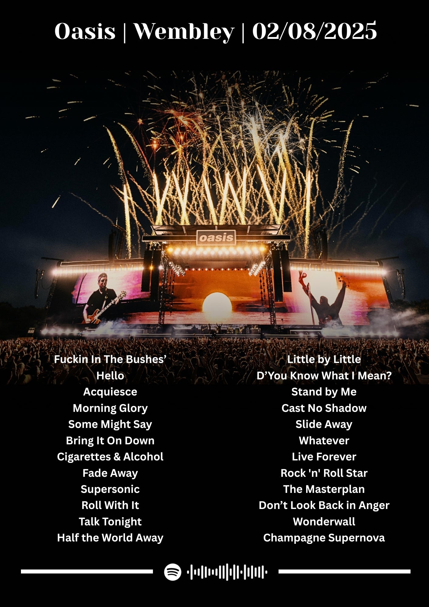 Oasis Fireworks Setlist Poster - Oasis Inspired Print