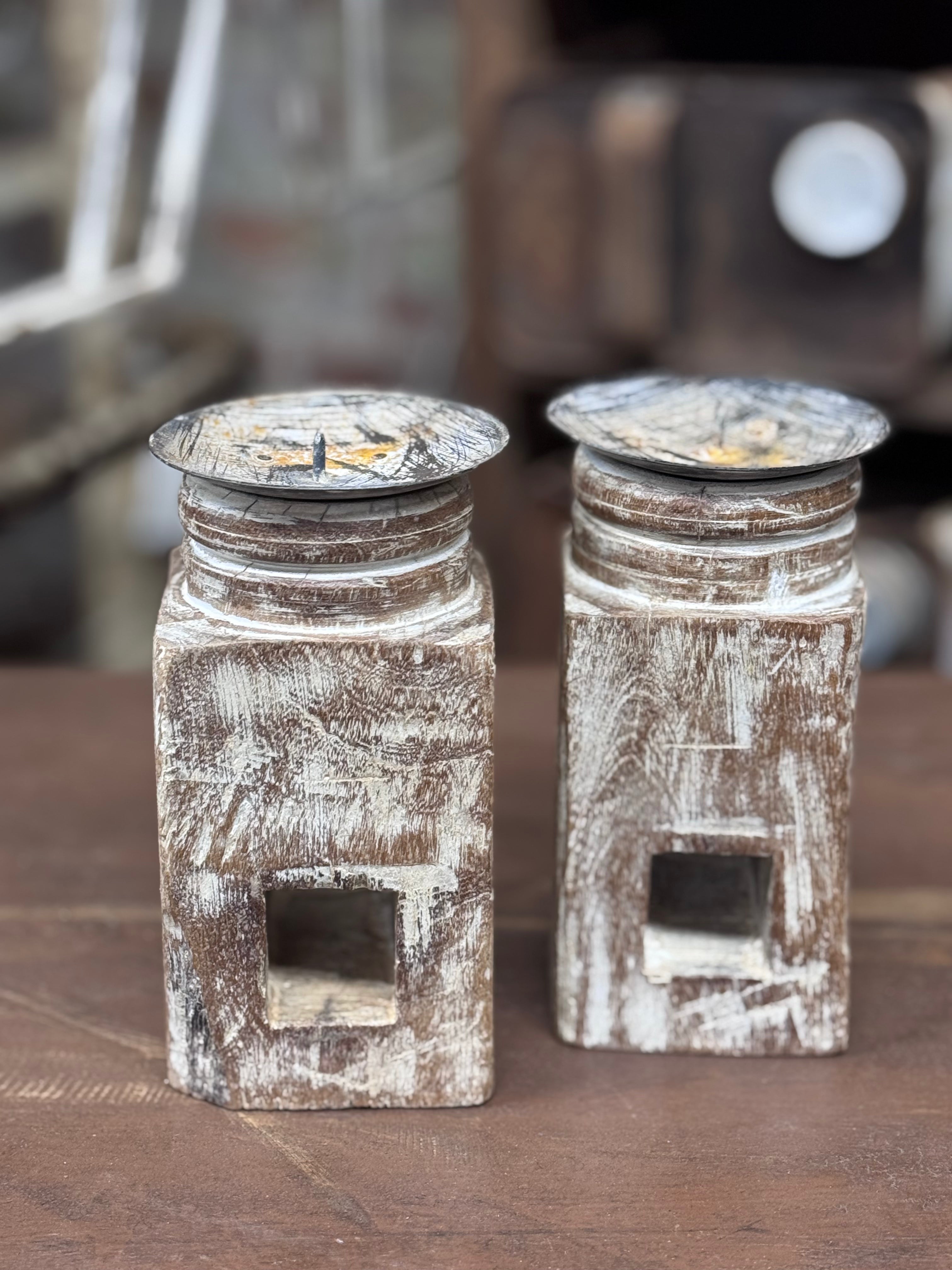 Pair Of Rustic Wooden Candle Holders / Large Church Candle Candlesticks /A