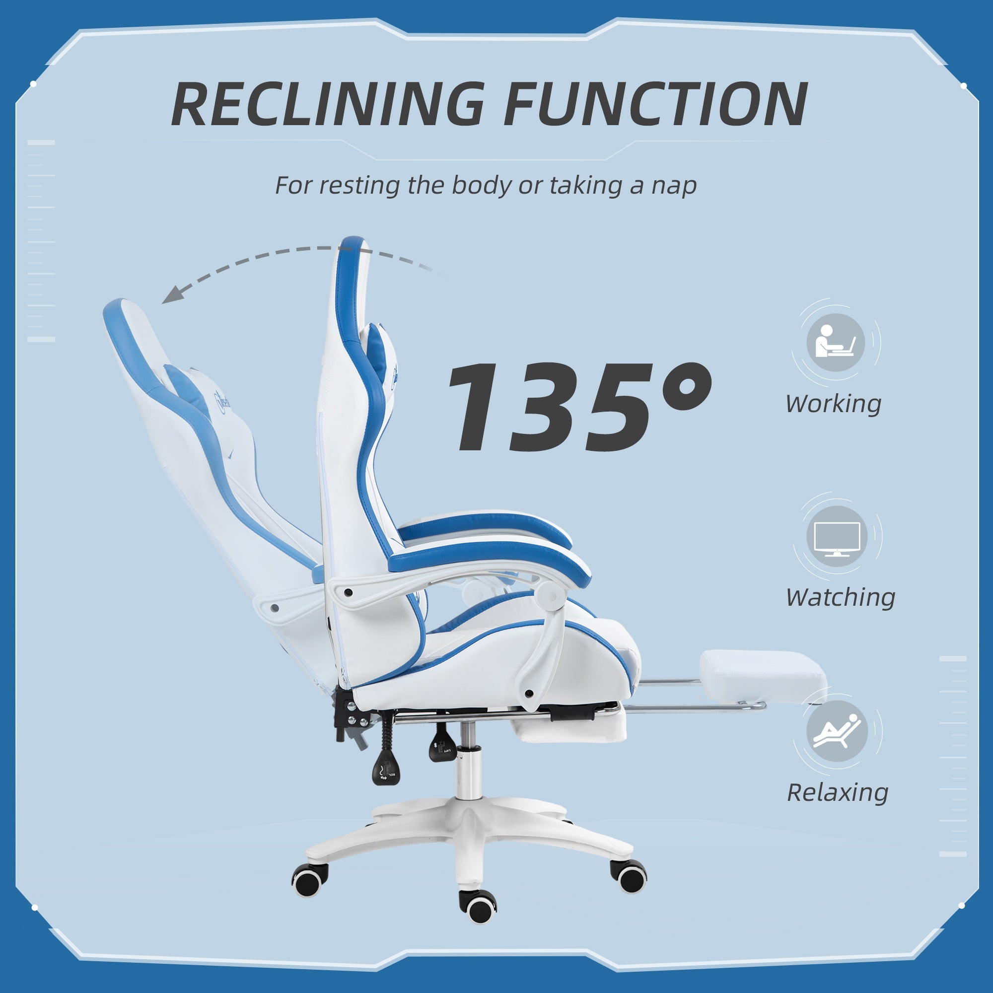 Vinsetto Computer Gaming Chair, PU Leather Desk Chair with Footrest, Swivel Task Chair with 135\'c2\'b0 Reclining Back and Lumbar Support, PC Chair for Adults, White and Blue