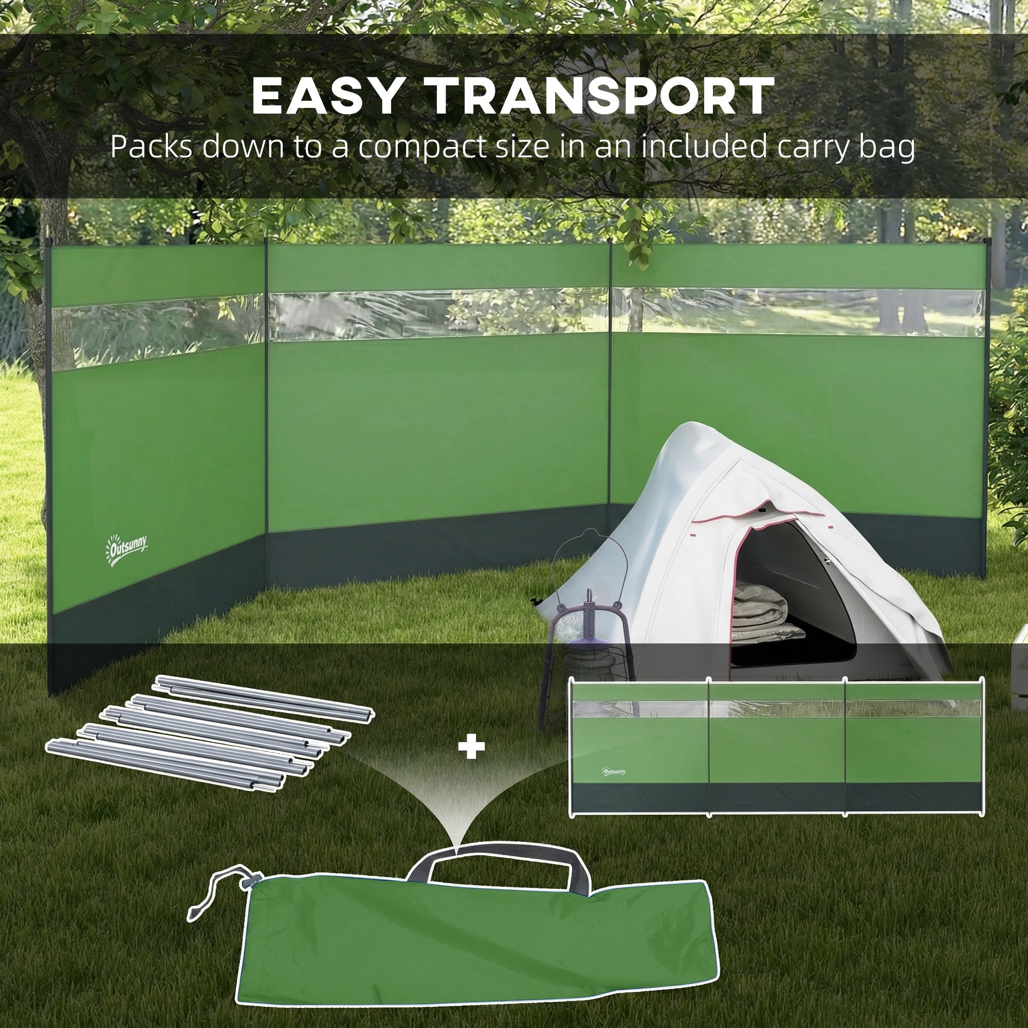 Outsunny Camping Windbreaker with Clear Windows, Carry Bag and Steel Poles, for Beach Caravan Campervan, 440 x 140cm, Army Green